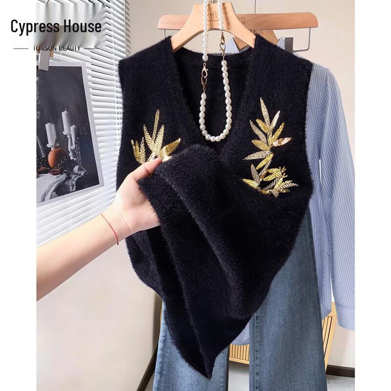 Women s New Chinese Style Sequin V-Neck Plush Vest One Size