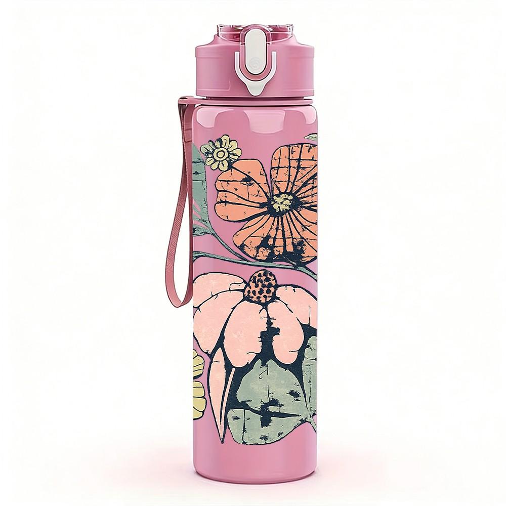 1PC Vintage Mixed Wild Flower Print 750ml Color Plastic Sports Water Bottle Leakproof Flip Straw Lid Suitable for Sports Office Home Use