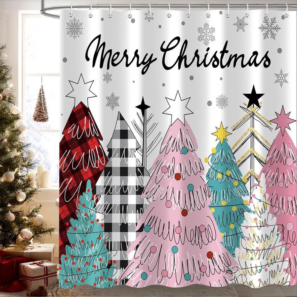 Christmas Tree Shower Curtain, Winter Colorful Cartoon Xmas Tree Cute New Year Bath Curtain Decor, Waterproof Bathroom Accessory