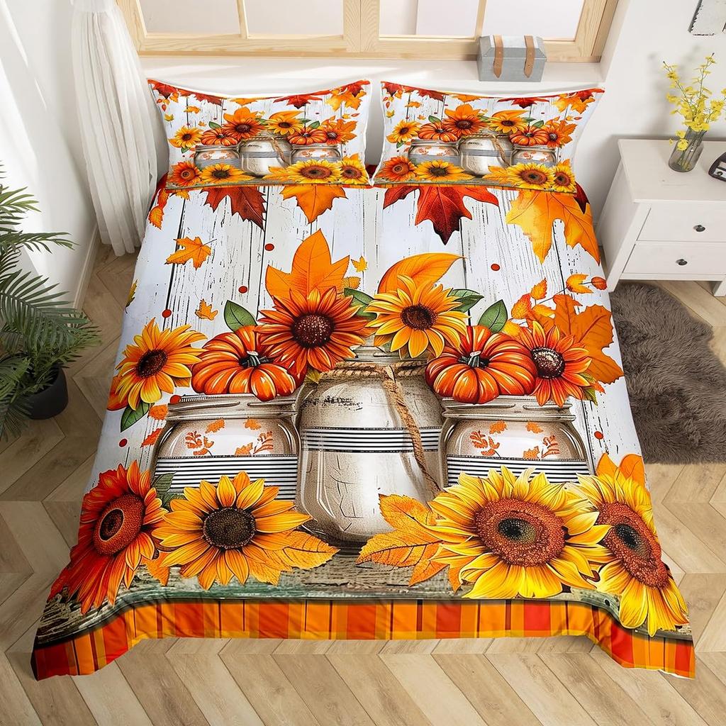 Herbst Kürbis Bettbezug Happy Fall Y'all Bettdeckenbezug für Jungen Mädchen Herbst Ahornblätter Bettwäscheset 3-teilig Bauernhaus Zimmerdeko