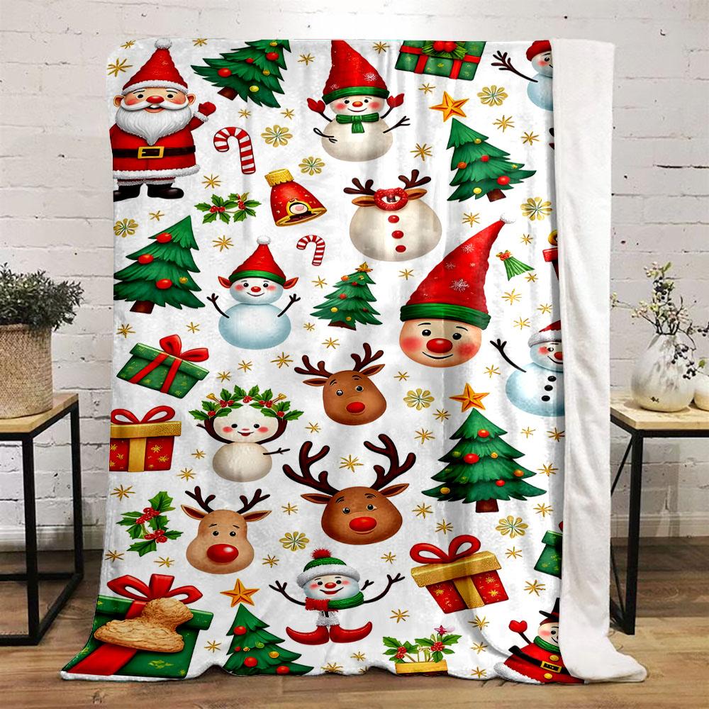 Christmas Snowmen, Santa, and Reindeer Scene Patterned flannel blanket perfect for the bedroom living room, sofa, or a little nap