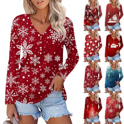 Women's Casual Fashion Sexy Comfort Christmas Prints V-Neck Button Long Sleeve T-Shirt Top