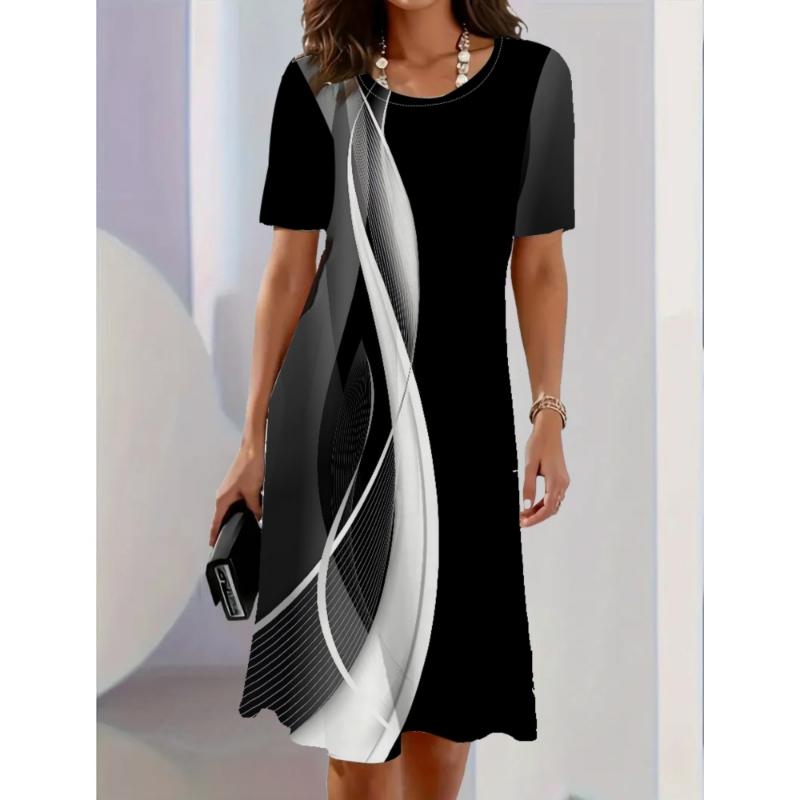 Damen Rundhals Kurzarm Knielang Geometrisches Kleid Damen Modisches 3D Gestreiftes Bedrucktes A-Linien Kleid Vestidos De Mujer