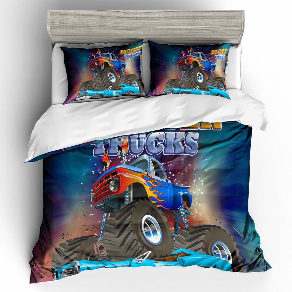 Cartoon kart Print Bedding Set Monster Trucks DS Pattern Duvet Cover Set with Zipper Pillowcase Gifts for teenagers and children
