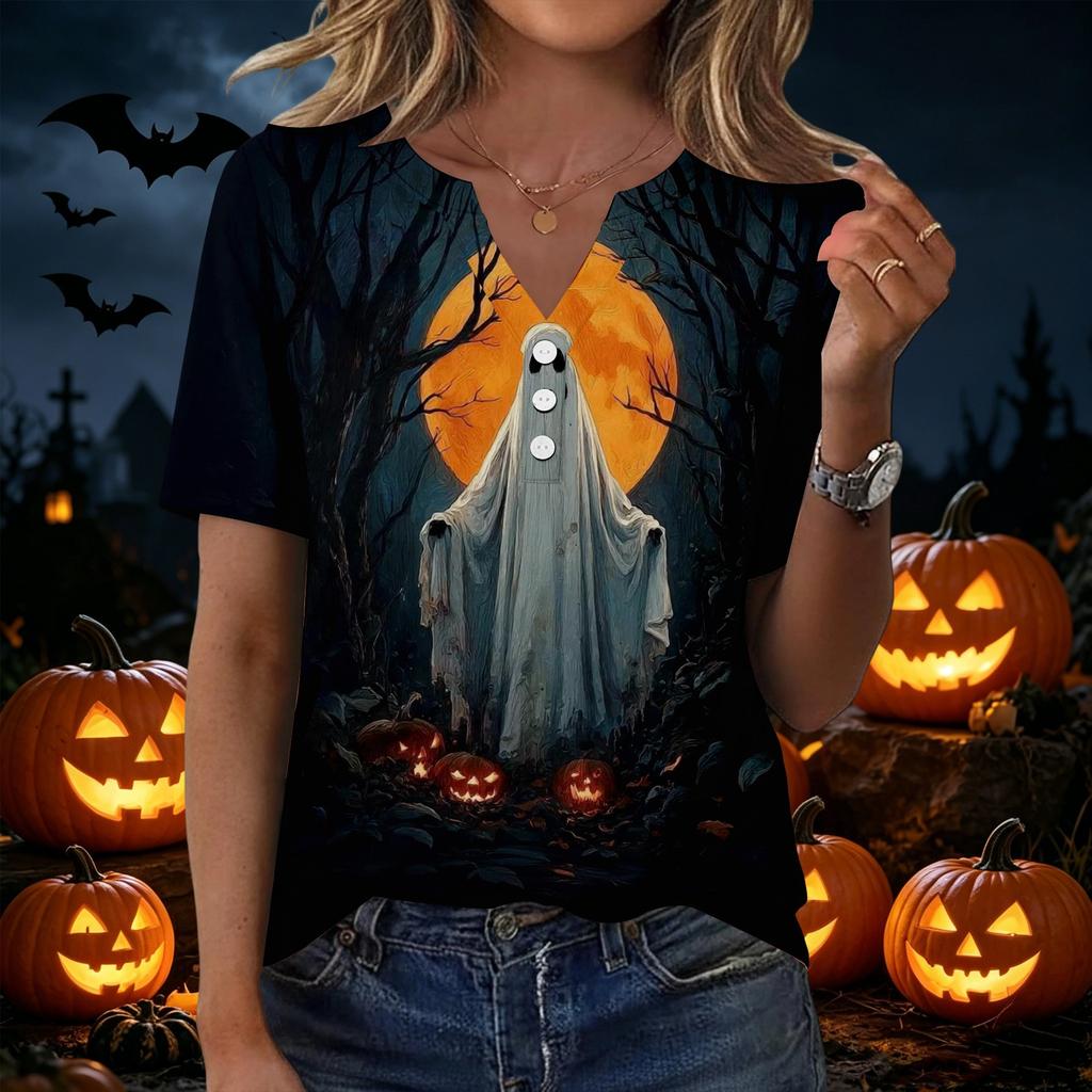 Womens Casual V Neck Short Sleeve Button T Shirt Halloween Pumpkin Witch Print Top Lightweight Comfortable Fit