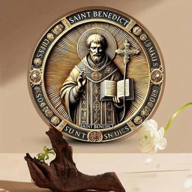 Vintage Saint Benedict Metal Wall Art Round Aluminum Sign Home Bar Office Decor