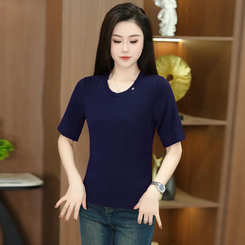 

Women s Korean Style Slimming Mid-Sleeve Stretchy T-Shirt - Spring/Autumn Fashionable Base Layer 2XL темно-синий