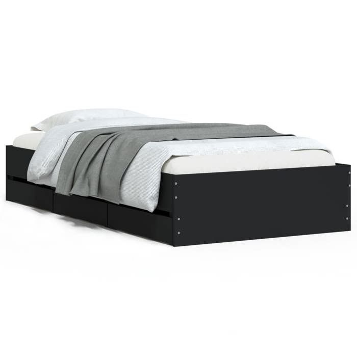 VidaXL Cadre de Lit avec Tiroirs, Lit Simple avec Sommier à Lattes, Lit Adulte, Meuble de Chambre à Coucher, Noir 90x200 cm 3207295