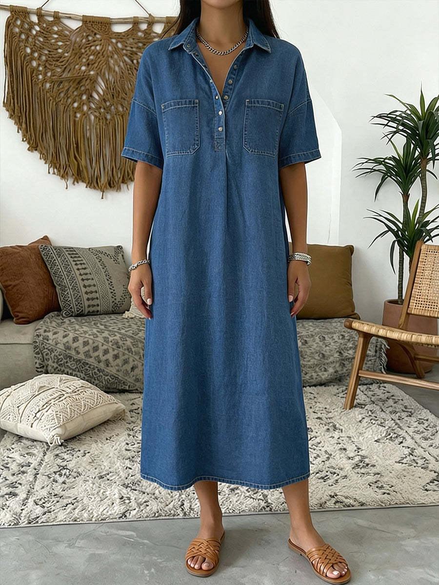 Women s Turn Down Collar Short Sleeve Midi Dress Loose Fit High Waist Denim Style Casual Office Shirt Dress With Pocket S
