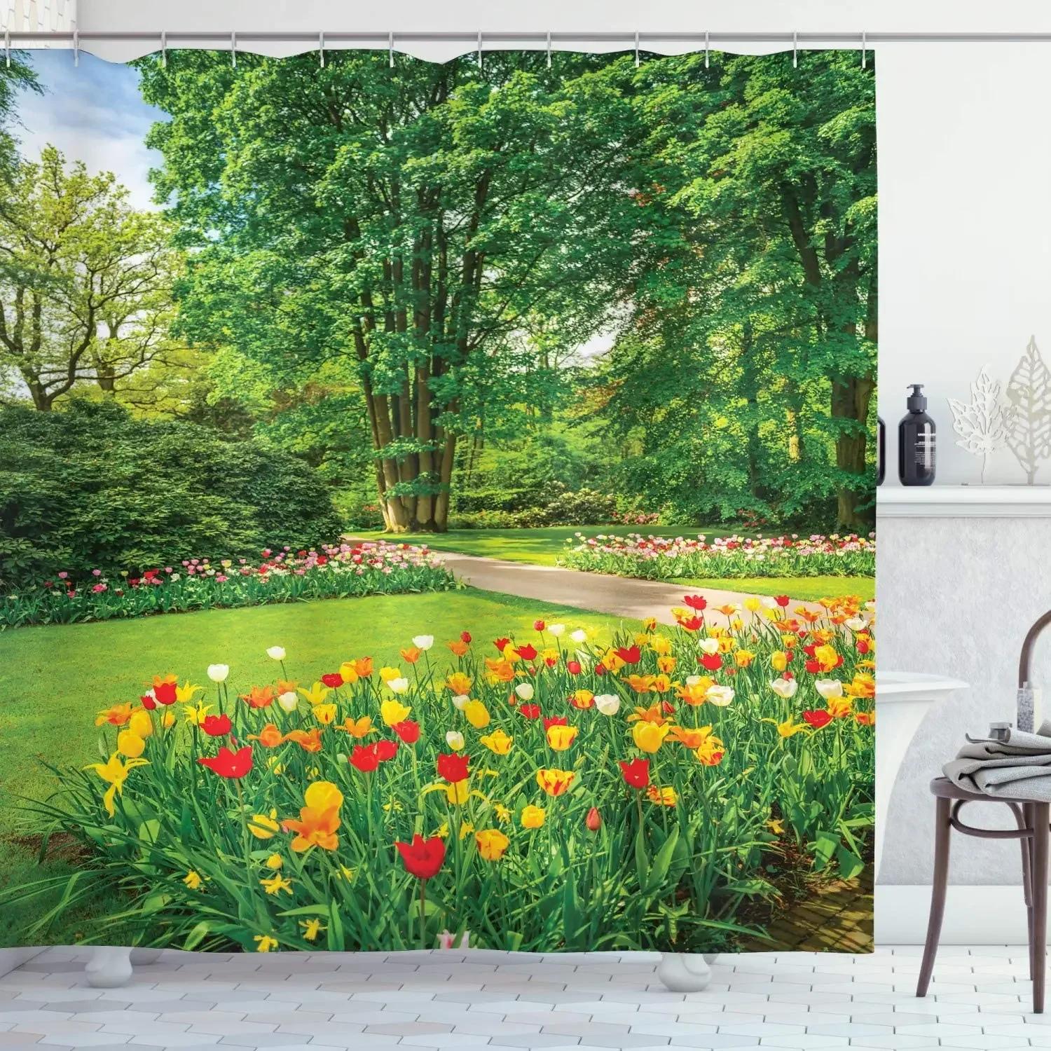 

Garden Landscape Shower Curtain Forest Nature Flowers Plants Rural Park Scenery Bath Curtains Modern Printed Bathroom Decor Sets W60H190(CM)-1 Pcs