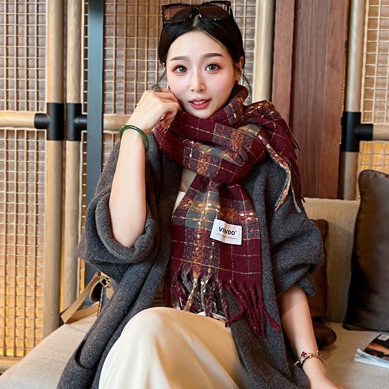 Korean Style Withered Rose Plaid Imitation Cashmere Scarf - Women's Winter Christmas Red Shawl