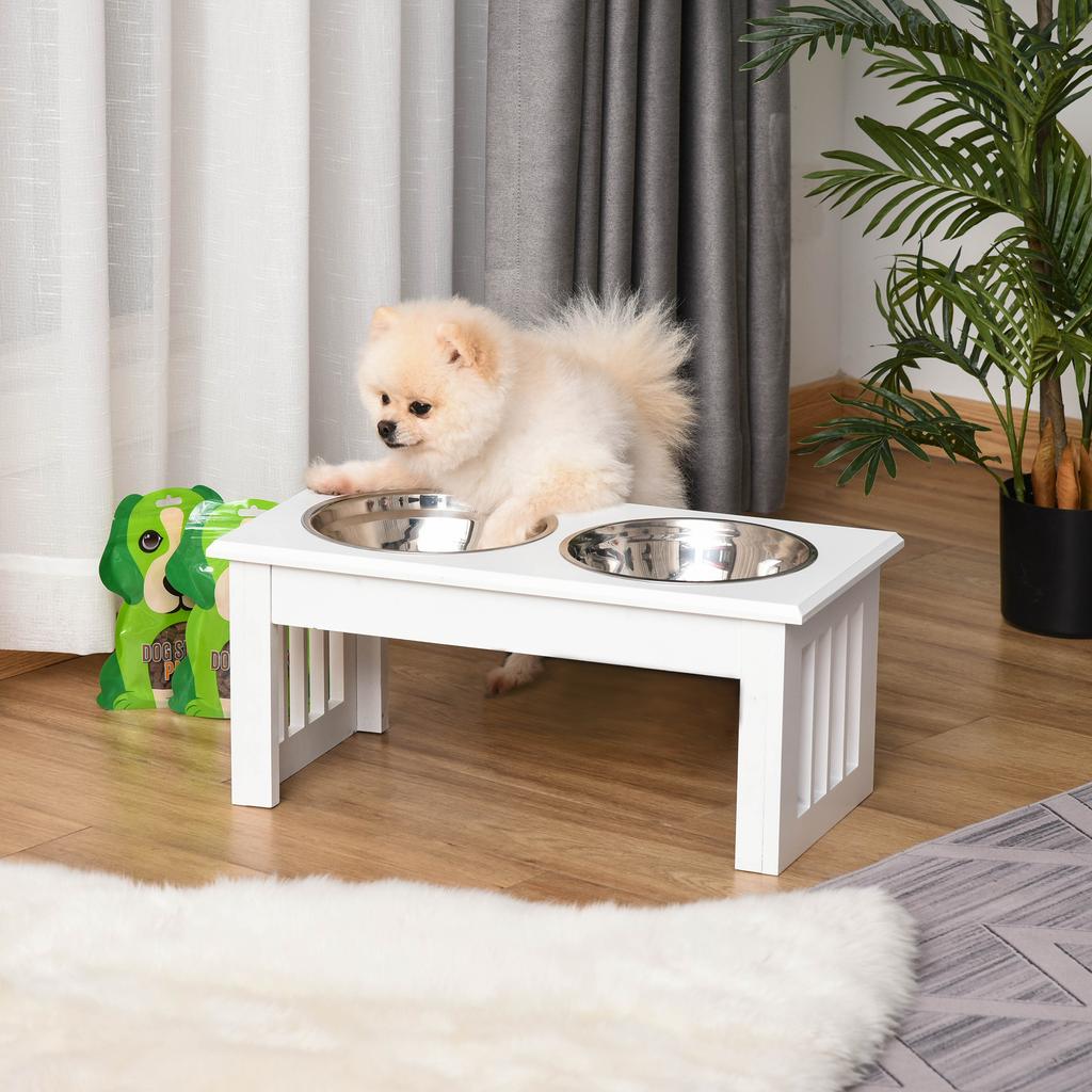 Raised Dog Feeding Bowls with Stand, Stainless Steel for Extra Small and Small Dog, 44L X 24W X 15H Cm - White