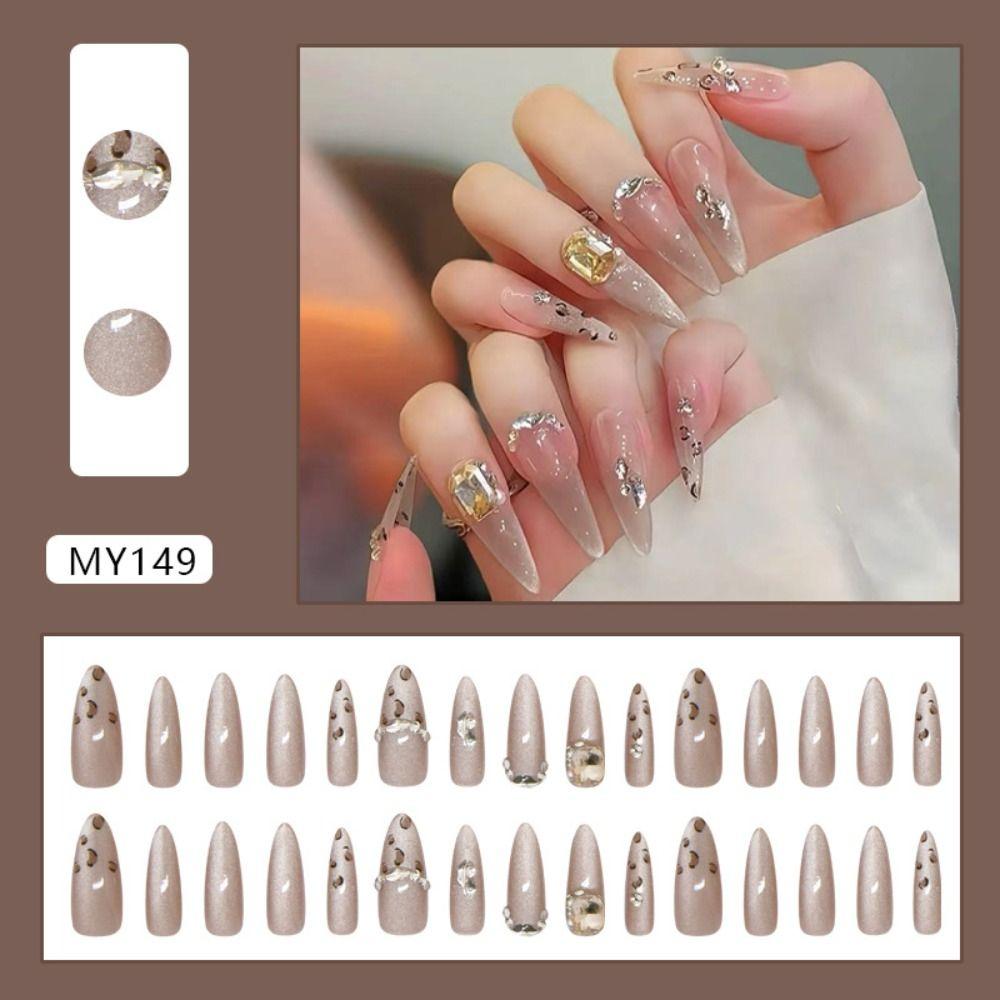 30pcs Long Almond Stiletto False Nails French Sparkling Rhinestone Press On Nails Purple Love Heart Detachable French Nail Tips