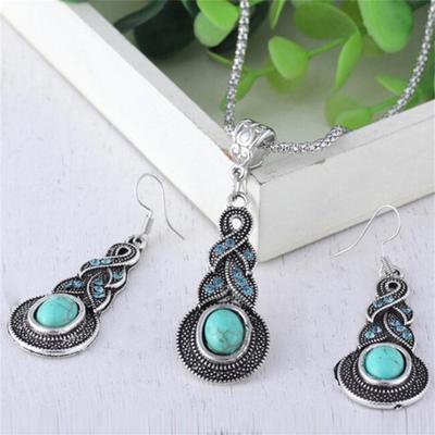 Women Water Drops Green Turquoise Chunky Pendant Necklace Earrings Set