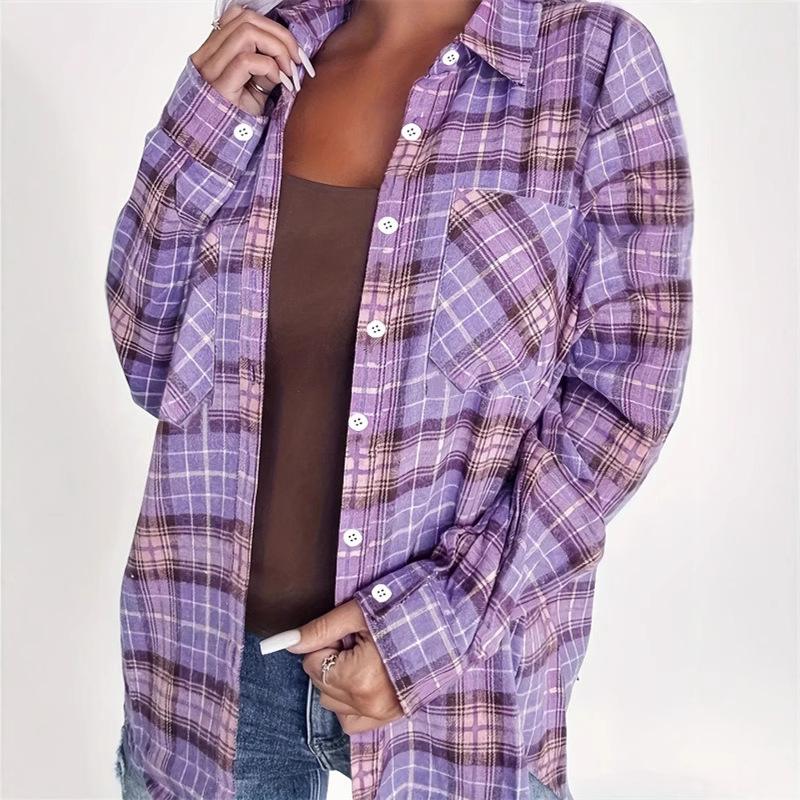 Cardigan Camisa Feminina Xadrez de Manga Comprida com Gola Pontuda para a Primavera 2025