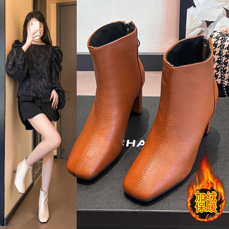 

Fashion New Simple Ankle Boots Square Heel Booties Side Zippers Pointed Suede High Heels Fashion Women s Boots 35 коричневый