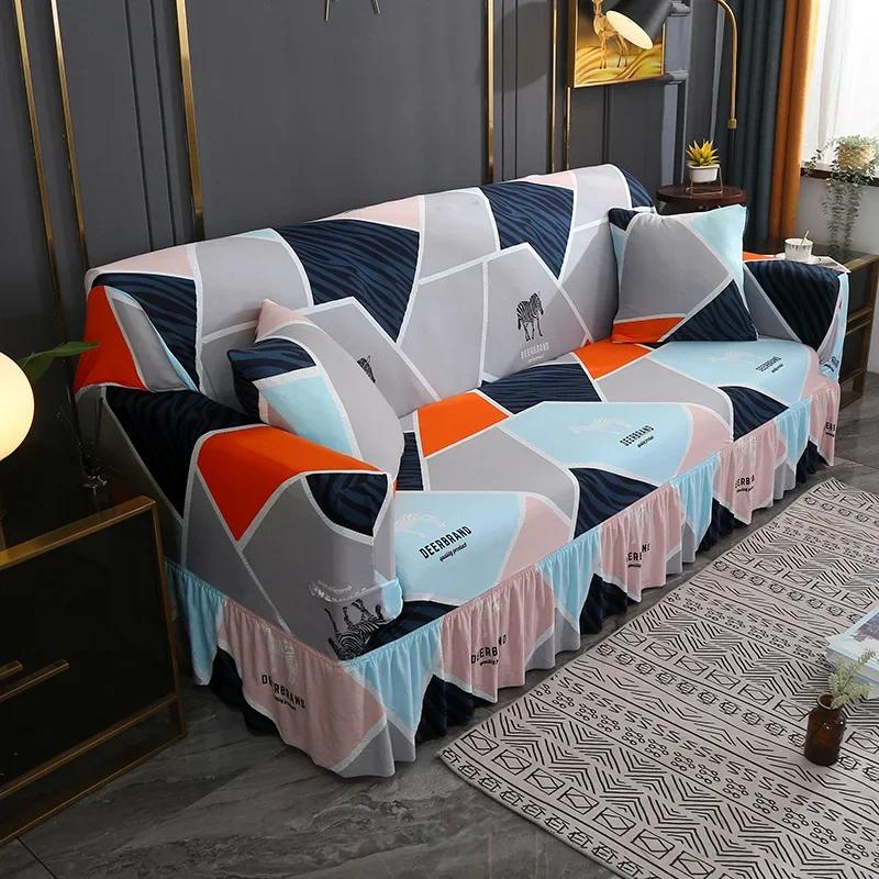 Capa de sofá elástica simples estilo saia inclusiva antiderrapante decoração de sala de estar capas de assento