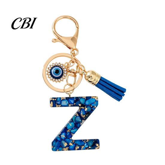 Portable Key Organizer Blue Series Keychain Pendant, Initial Letter Charm Chain with Eyes Tassel Design, A-Z Holder for Bags Backpacks Cars