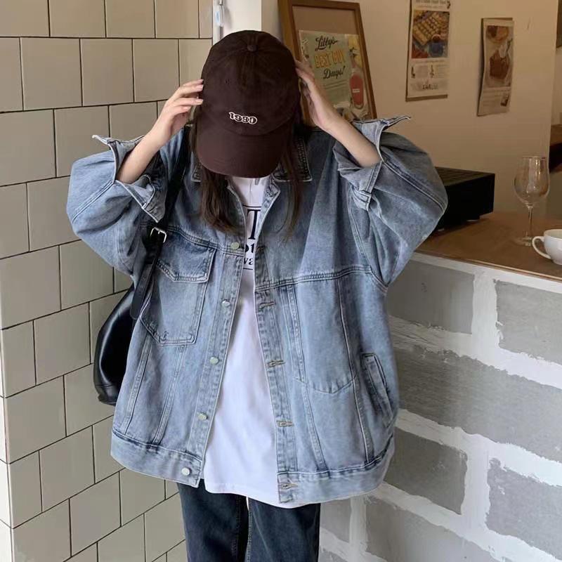 Geacă de blugi pentru femei în stil coreean - Croială lejeră slim, mâneci lungi, toamnă/primăvară, stil stradal Hong Kong.