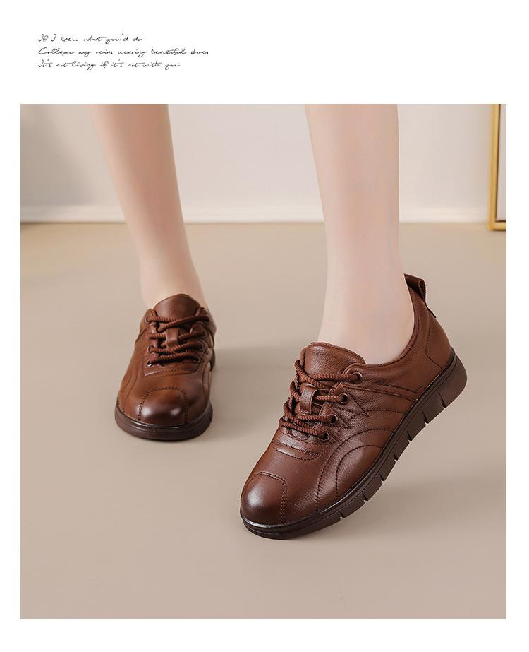 Fashion Original Natural Leather Shoes for Women Soft Soled Round Toe Mom Flats Woman Lace Up Anti Slip Loafers Ladies Moccasins