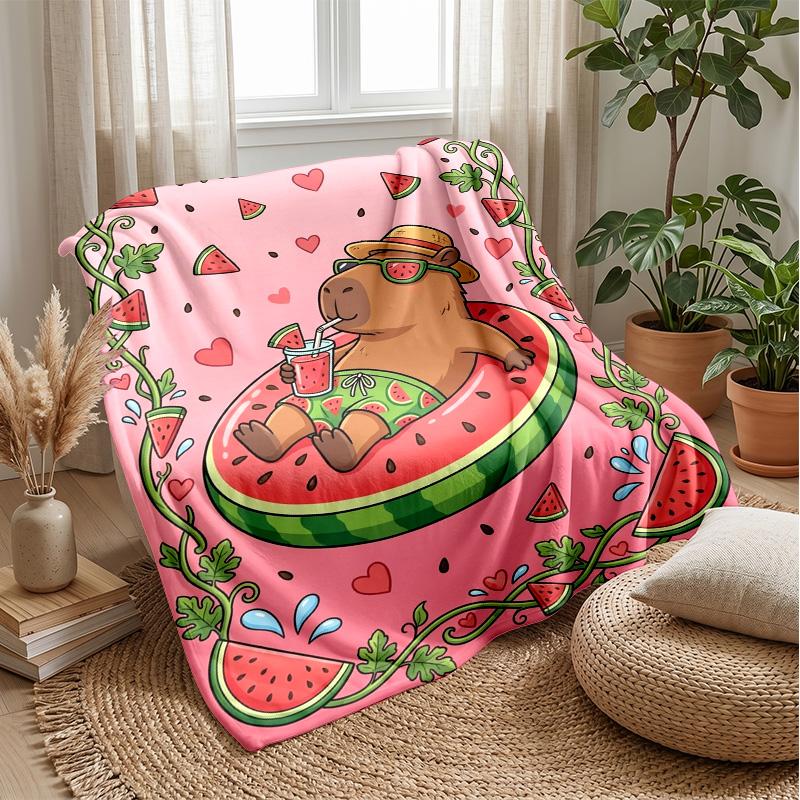 Watermelon Love Capybara Theme Blanket Lightweight Warm Flannel Blanket Decorative Throw Blanket for Home Decoration