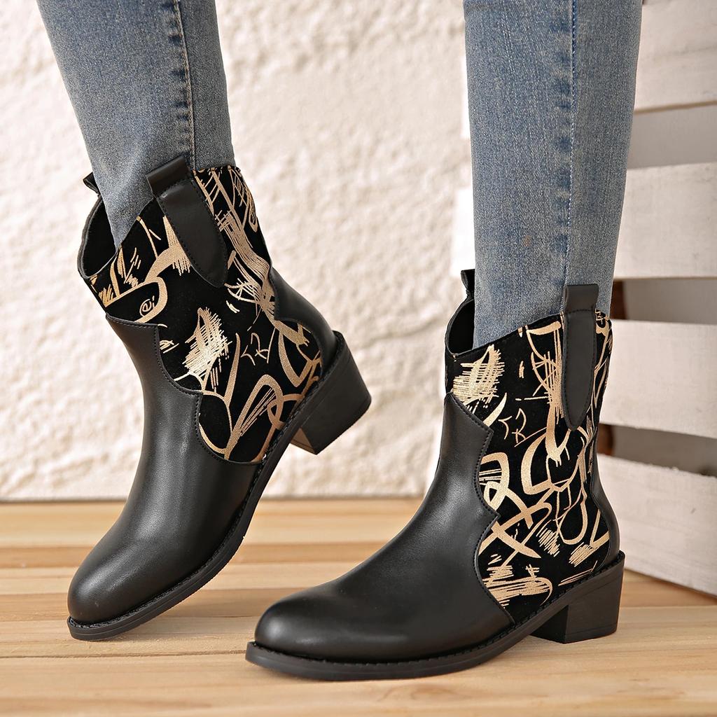 Fashion Graffiti Patchwork Cowboy Boots Woman Autumn Winter PU Leather Ankle Boots Women Thick Heeled Slip On Black Booties