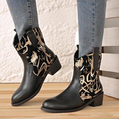 Mode Mode Graffiti Patchwork Cowboy Stiefel Frau 2024 Herbst Winter PU Leder Stiefeletten Damen Dick Absatz Slip On Schwarz Stiefeletten
