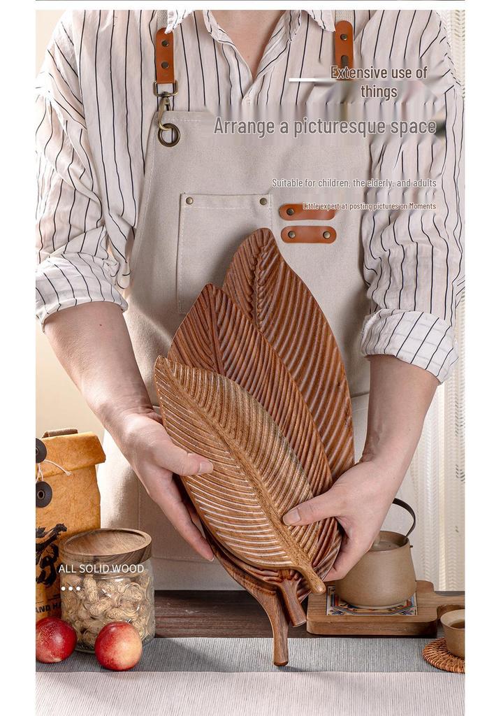 Leaf-Shaped Japanese Walnut Wood Snack Tray - Irregular Solid Wood Fruit Bowl with Vein Design