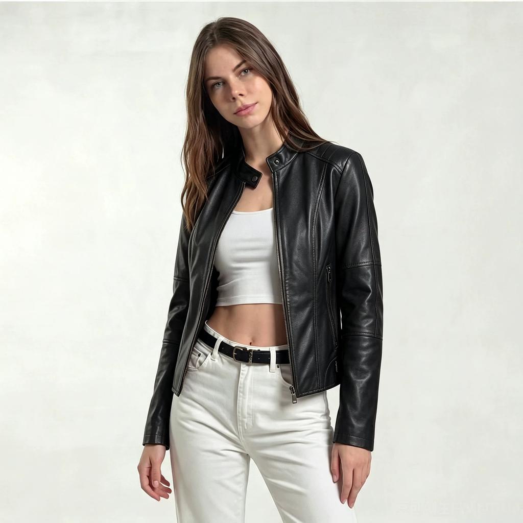 European and American locomotive leather jacket spring and autumn women's clothing washed leather women's leather jacket short slim leather jacket