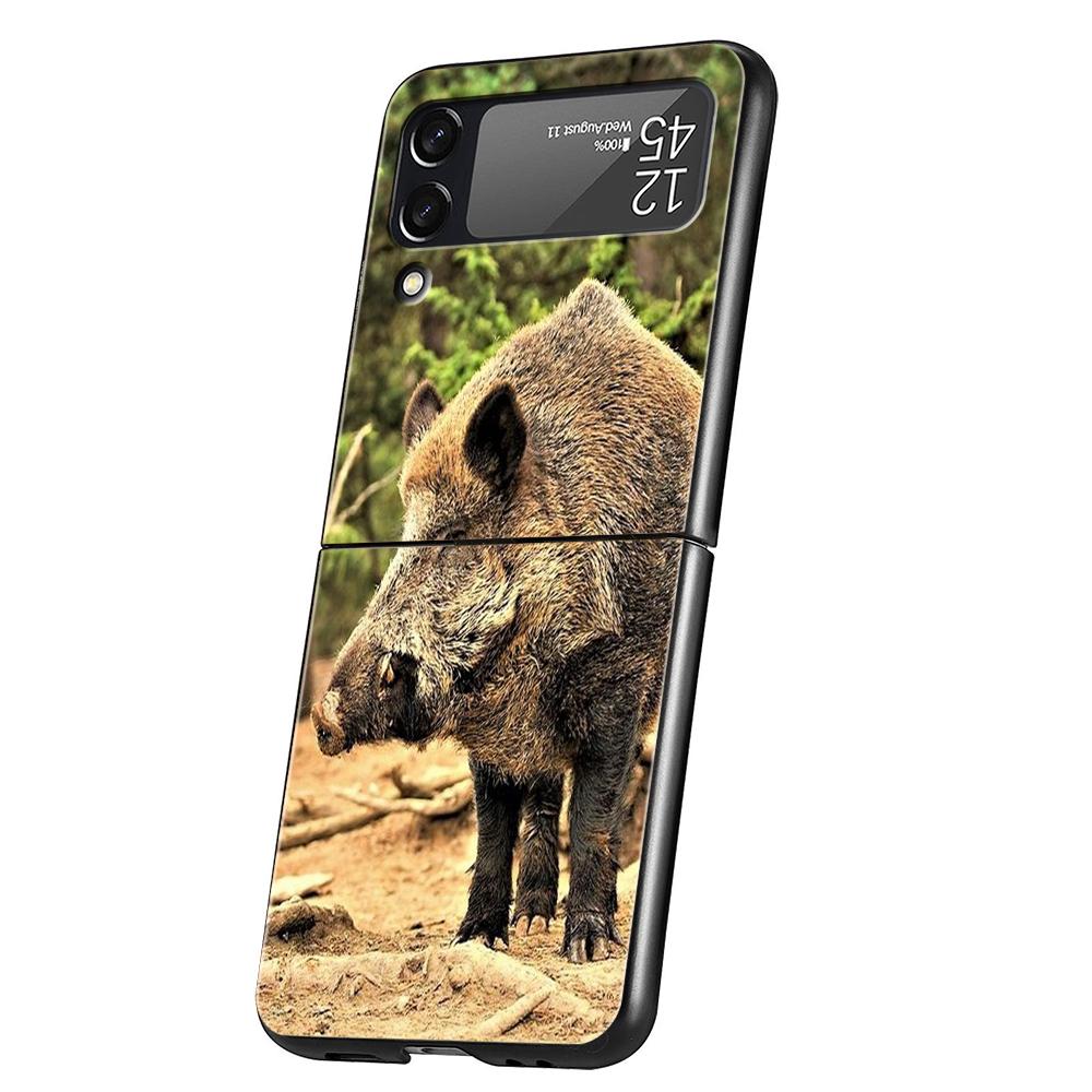 Luxury Phone Case For Samsung Galaxy Z Flip 3 4 5 6 Hard Black Folding PC For Samsung Z Flip3 Flip4 Flip5 Cover Animal Wild Boar