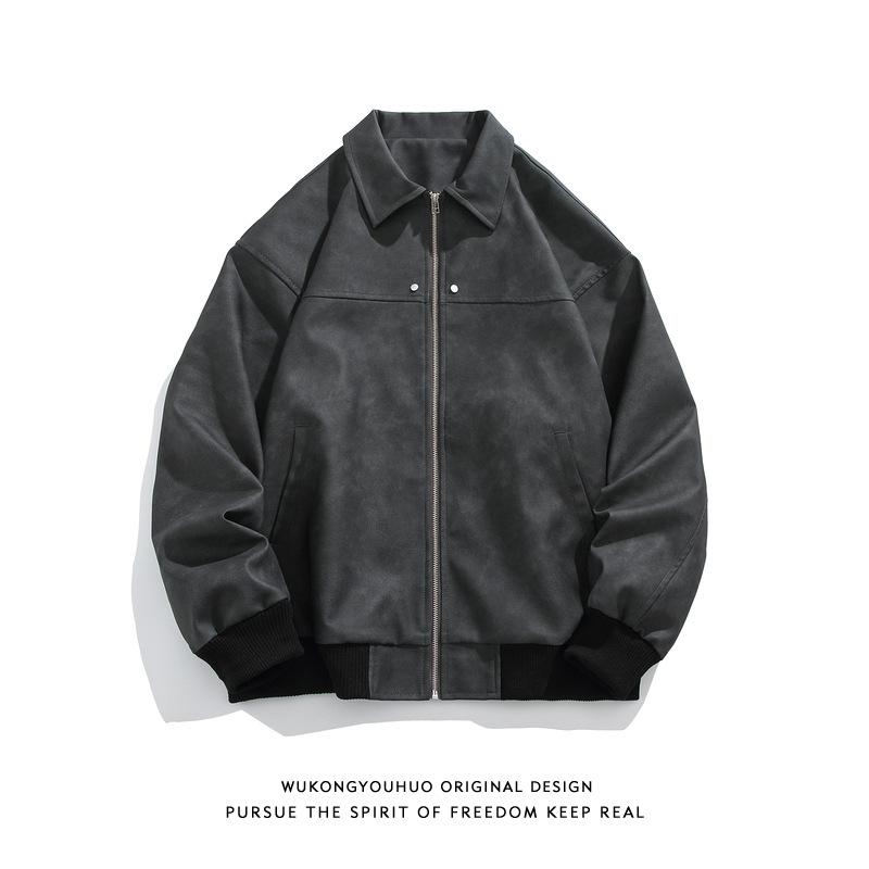 

Осень 2023 г. Мужская коричневая ретро-состаренная куртка - модное повседневное пальто свободного кроя 2XL чёрный