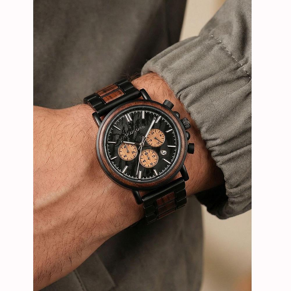 Wood Watch Wateproof Quartz Analog Watches Wooden+metal Strap Chronograph Date Unique Personalized Gifts