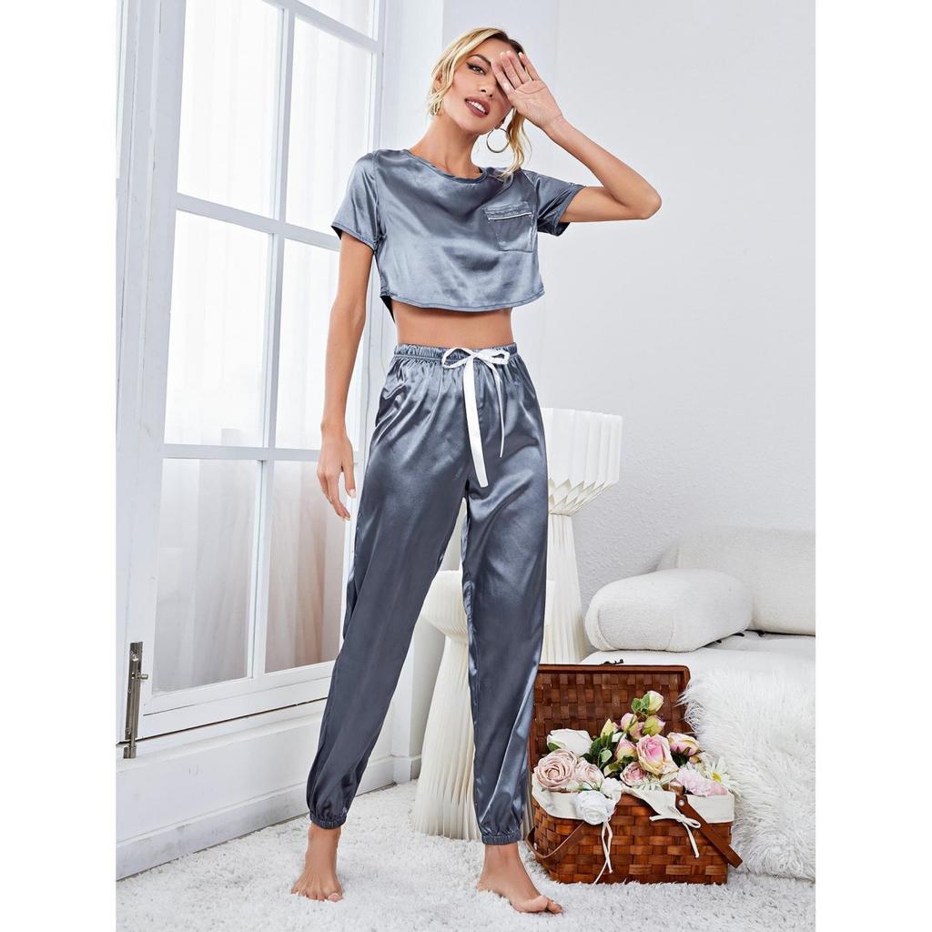 Women Spring and Autumn Summer Two Pieces Pajamas Set Short Sleeve Top Pants with O-Neck Bow Pullover Homewear Thin Soft Solid