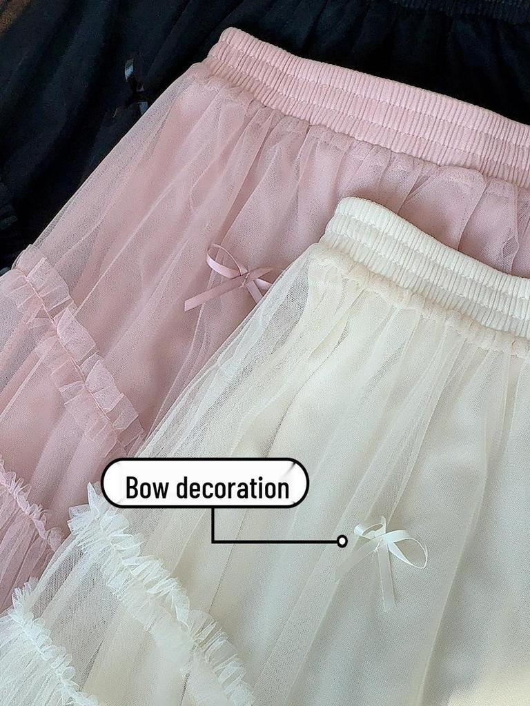 2024 Sweet Bow Net Gauze A-line Skirt for Women - Spring/Summer Collection