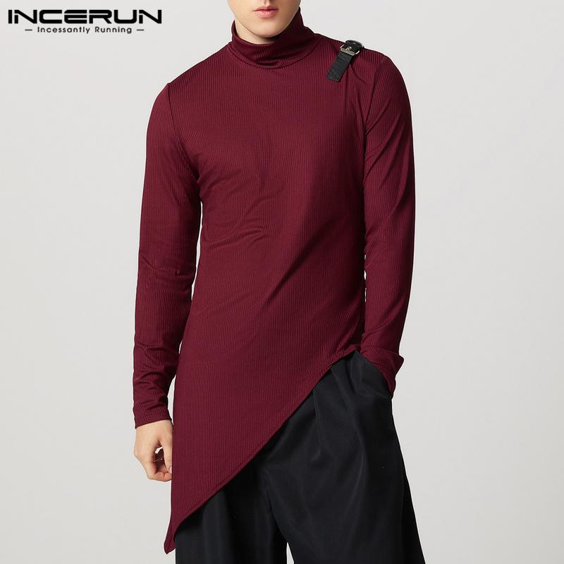 INCERUN Men Turtleneck Long Sleeve Patchwork Irregular Thin Rib Tops Undershirts
