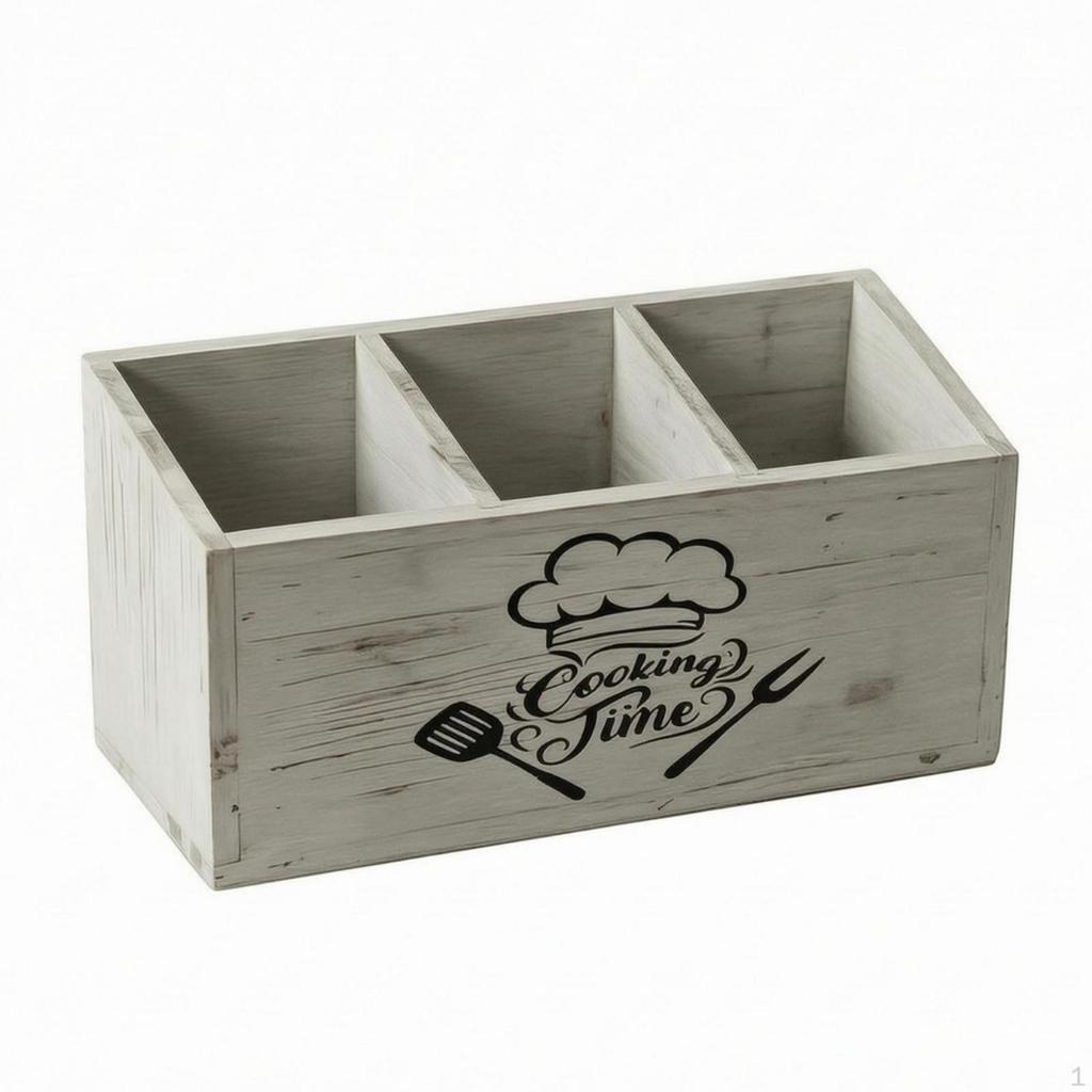Wooden Utensil Box Whitewashed Divided Kitchen Organizer Rustic Silverware Storage Case