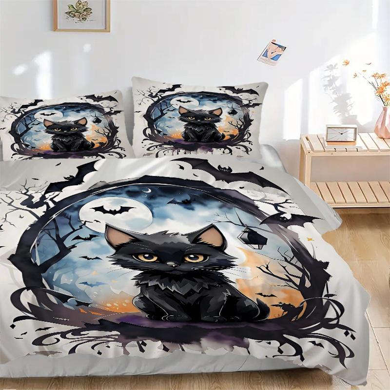 3pcs Noble Black Cat Art Printed Quilt Set - Includes 1 Quilt Cover and 2 Pillowcases, Machine Washable - Suitable for All Seasons.H071