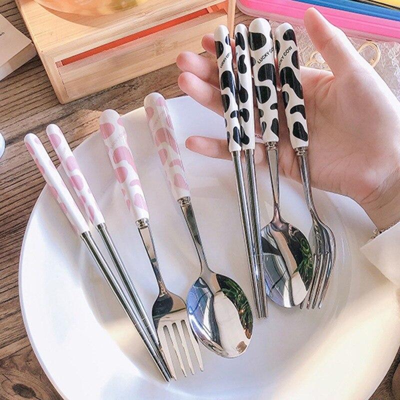 Portable Chopsticks Cutlery Gift Cartoon Ice Spoon Ceramic Spoon Stainless Steel Tableware Black And White Cows Three-piece Set