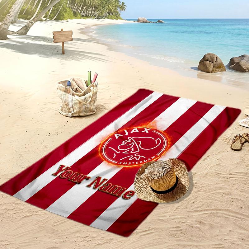 Asciugamano da Spiaggia Personalizzato Stampato Ajax Amsterdam Logo Calcio Supporto Nome Personalizzato Testo Asciugamano Assorbente Per Sport Viaggio Regalo Speciale