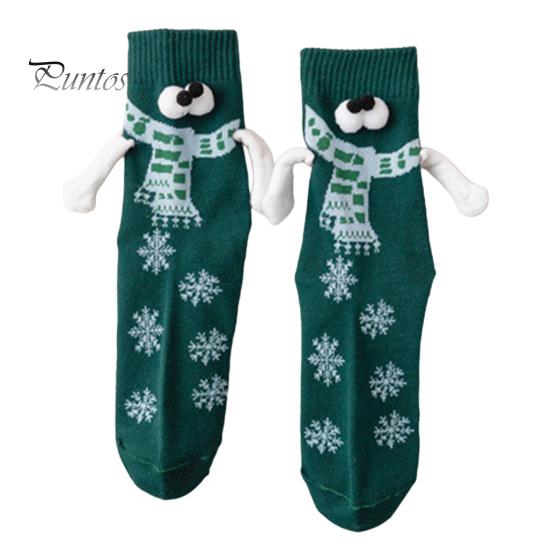 1 Pair Cartoon Magnet Hand-linking Socks Knitted Color Matching Christmas Style Elastic Anti-slip Warm No Odor Festive New Year Mid-tube Socks
