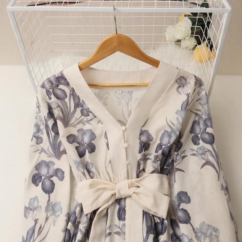 Women's Fashion Vintage Elegant Temperament V-neck Lantern Sleeve Cotton Linen Print Trend Lace-up Dress