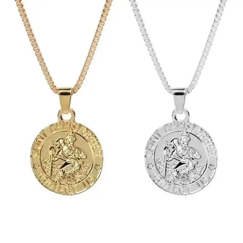 High End Fashion Round Letter Pendant Jesus Traveler Guardian Blessing Necklace Creative Versatile Trendy Jewelry Wholesale