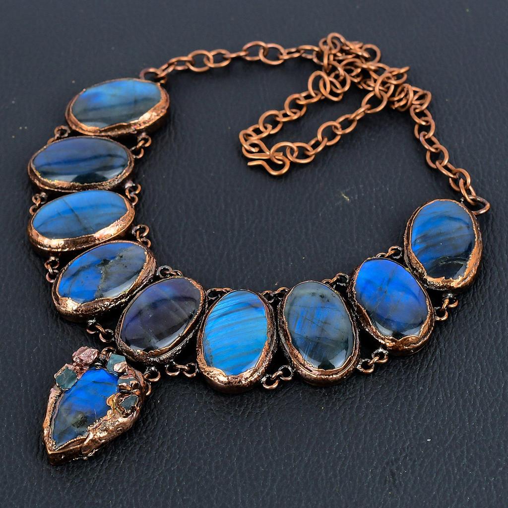 Labradorite Copper Electroformed Necklace with Adjustable Chain, Handmade Gemstone Jewelry Necklace For Memorial Day