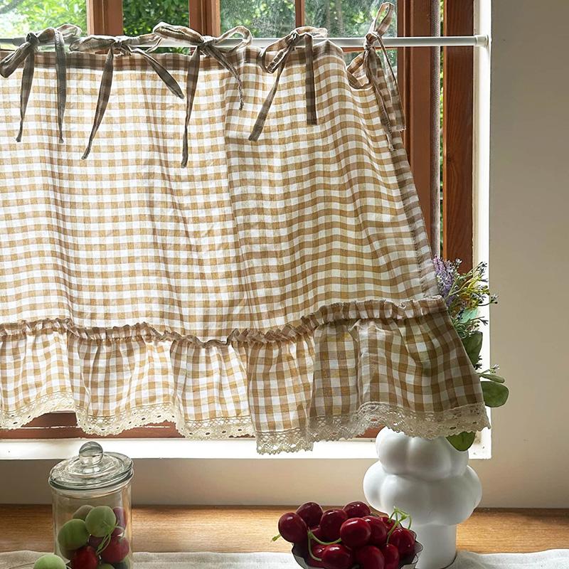 Moderne Licht Khaki Klassiek Geruit Gekreukelde Korte Gordijn Met Strik Top Ontwerp Cafe Gordijn Voor Keukenkastjes Boerderijen Vakantiehuizen W100 x H55cm 1Piece&Tab top&1 panel
