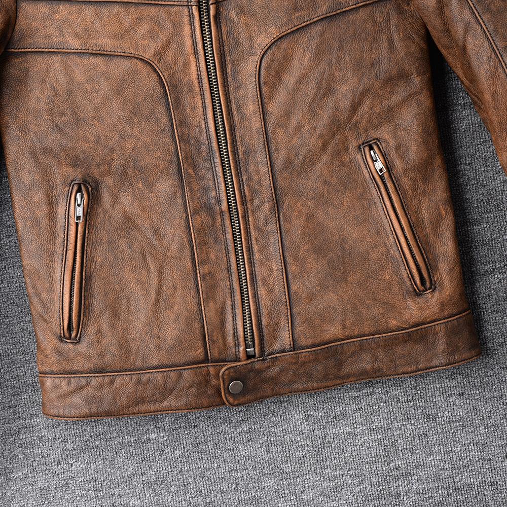 Vintage Yellow Brown Genuine Cowhide Leather Jacket Men Natural Cow Leather Jackets Soft Slim Fit Man Short Coat Autumn Clothing