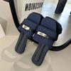 Flat Bottom Buckle One-word Slippers Women's 2025 Summer New Fashionable Versatile Denim Square Head Wearing Beach Cool Slippers