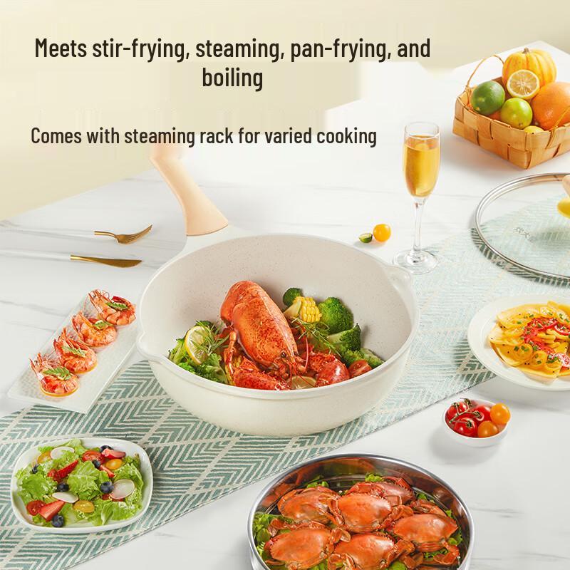 COOKER KING 32cm Maifan Stone Non-stick Wok with Steamer