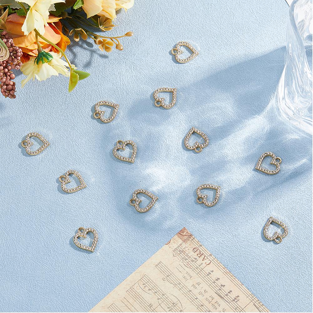 60Pcs Alloy Charms with Rhinestone Cadmium Free & Lead Free Heart Light Gold 17x15x2mm Hole: 2.5mm