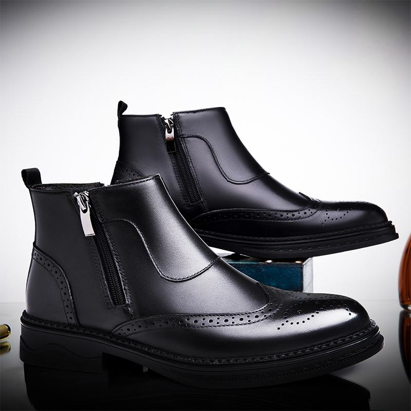 Genuine Leather Chelsea Boots Male Winter Shoes Plush Warm Shoes Fashion Zipper Men's Ankle Boots New British Style Brogue Shoes