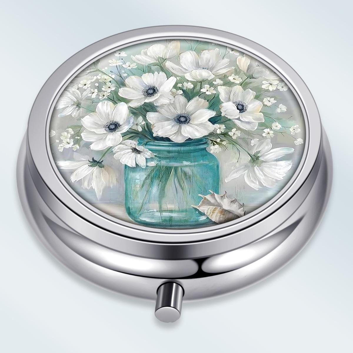 

Portable Pill Box with 3 Compartments, Mini Metal Medicine Organizer Case, Cute Printed Pill Container for Vitamins, Pills, Jewelry, Travel, Daily Use